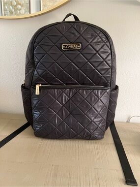 Joan & David Quilted Black Nylon Backpack with Gold Accents